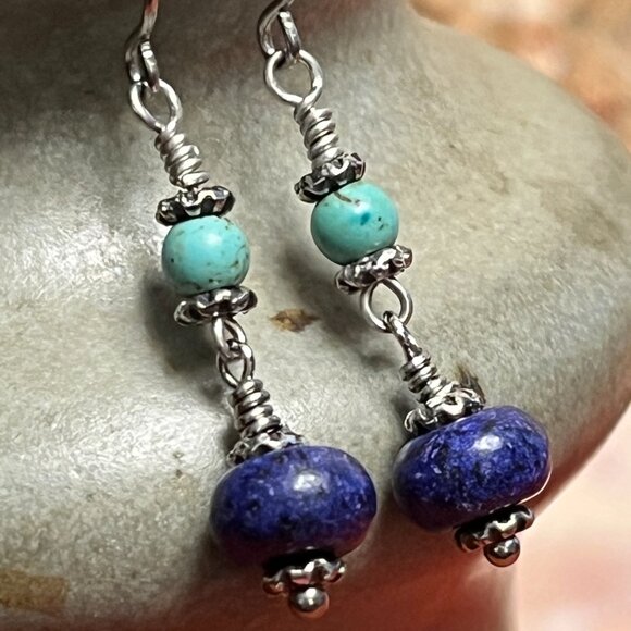 Lapis Lazuli & Turquoise Stone Earrings, Boho Gemstone Dangle Earrings - Picture 5 of 6